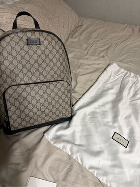 Gucci Beige GG Supreme Canvas Backpack with Black Trim